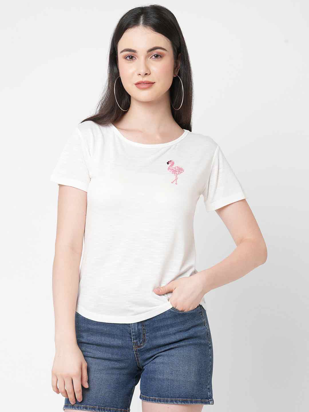 Flamingo embroidered patch detailed t-shirt - Mish India