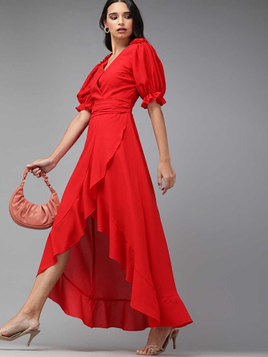 Solid puffed sleeves wrap dress with ruffle detail - Mish India