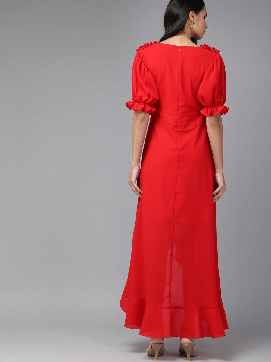 Solid puffed sleeves wrap dress with ruffle detail - Mish India