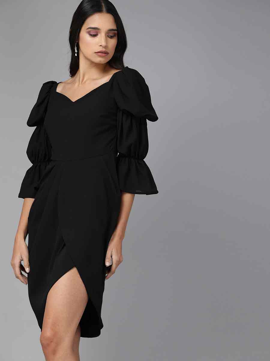 Solid tulip style tiered sleeves wrap dress - Mish India