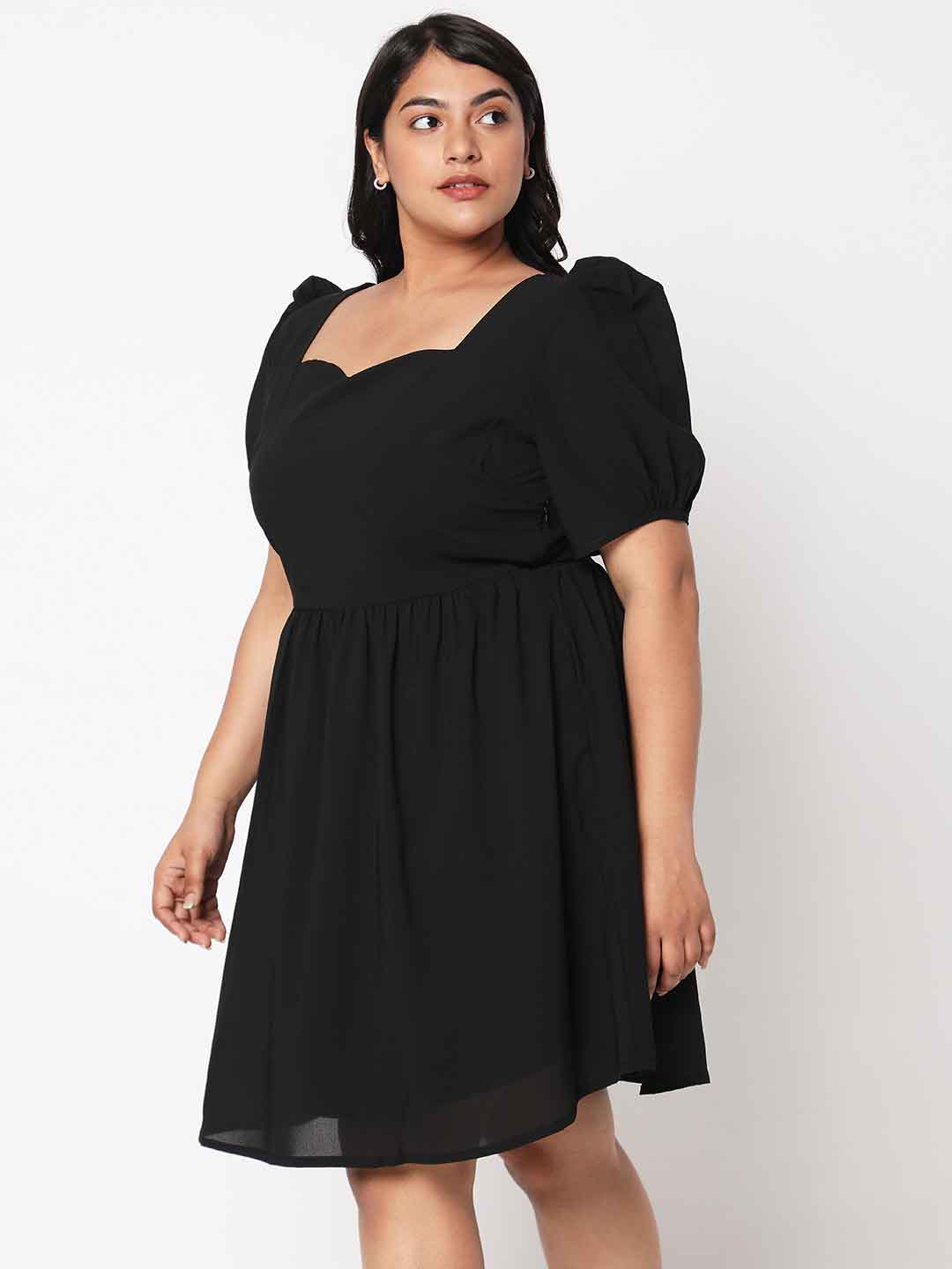 Solid puff sleeves fit and flare dress – Mish India