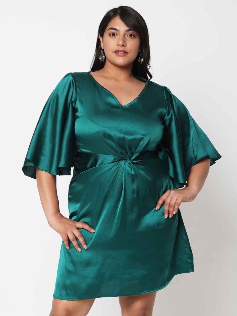 Satin Fit and Flare Pleated Dress with Knot Waist Detail
